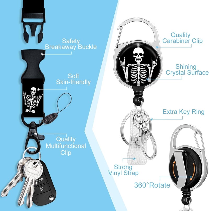 Piefly Lanyards for Id Badges, Funny Badge Holder with Retractable Badge Reel Clip, Skull Skeleton Rock Work Name Tag Keychain Lanyard Vertical ID Card Protector for Women Nurse Doctor Teacher Student - Image 4